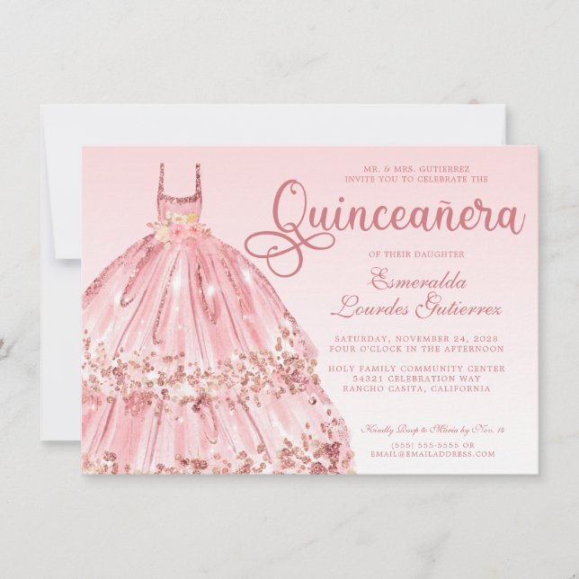 Elegant Pink Rose Gold Glitter Quinceañera Invitation (Front)