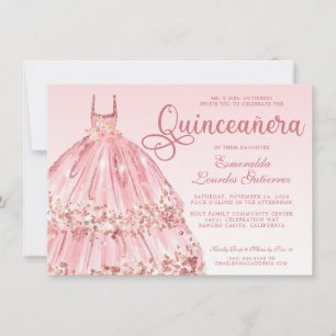 Elegant Pink Rose Gold Glitter Quinceañera Invitation