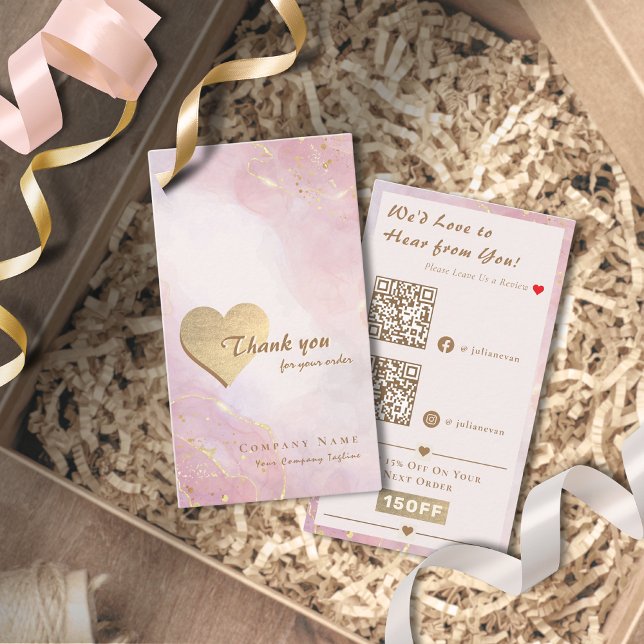 Elegant Pink Rose Gold Heart QR Code Thank you Business Card (Elegant Pink Rose Gold Heart QR code Thank you Card for Business)