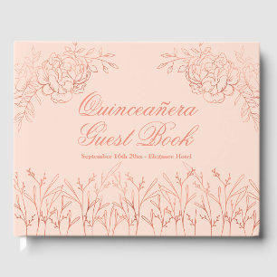 Elegant Pink Rose Gold Outline Floral Quinceanera Guest Book