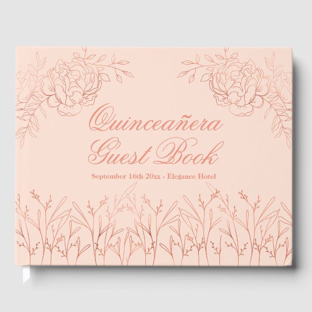 Elegant Pink Rose Gold Outline Floral Quinceanera Guest Book (Front)
