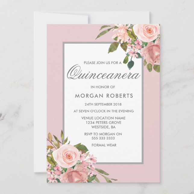 Elegant Pink Rose Gold Quinceanera Invite (Front)