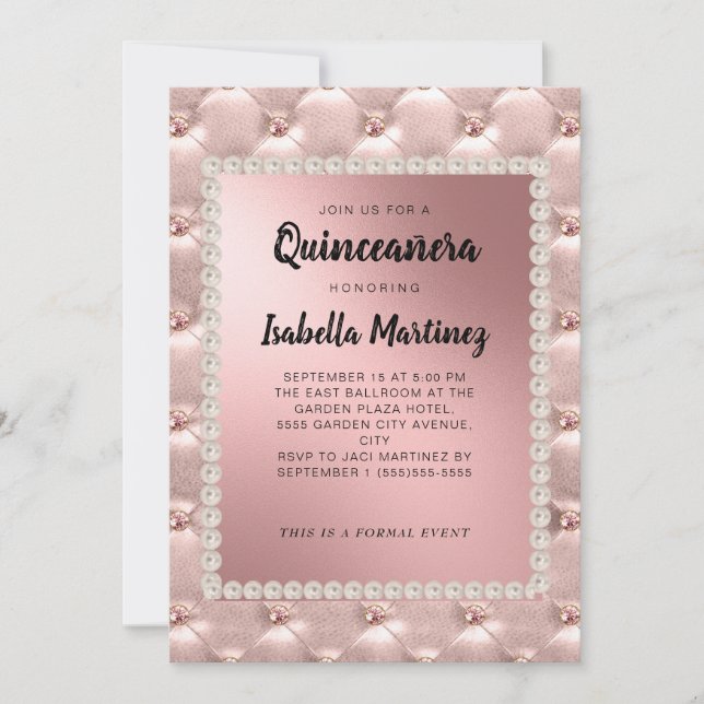 Elegant Pink Rose Gold Quinceañera Photo Pearls  Invitation (Front)