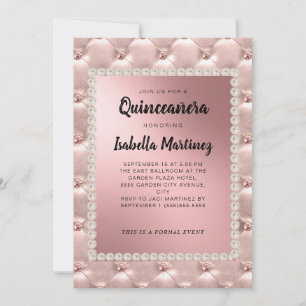 Elegant Pink Rose Gold Quinceañera Photo Pearls  Invitation