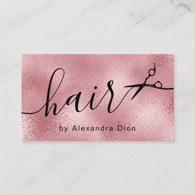 Elegant pink rose gold scissors hairstylist business card (Front)