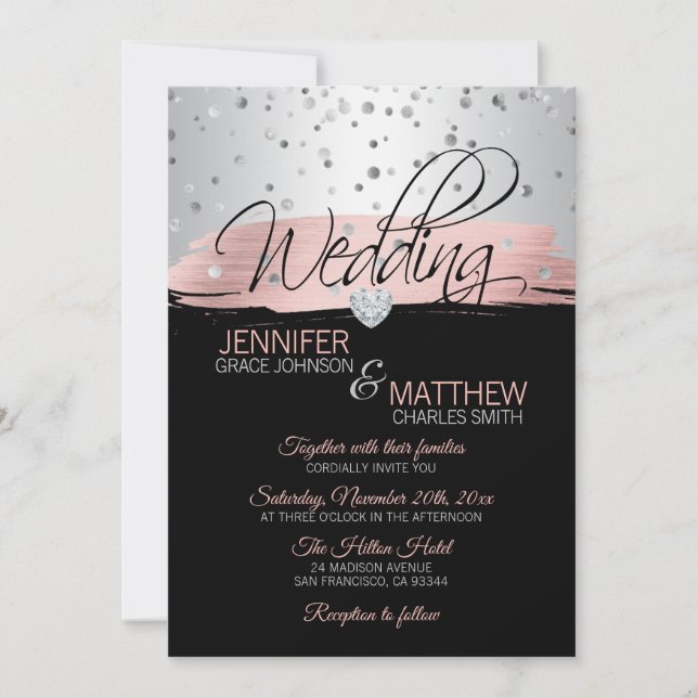 Elegant Pink Rose Gold Silver Black Wedding Invitation (Front)