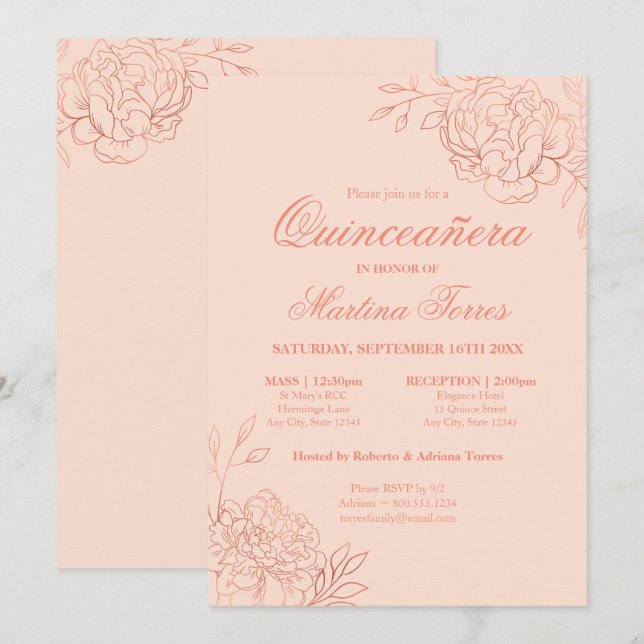 Elegant Pink Rose Gold Sketch Floral Quinceanera Invitation (Front/Back)