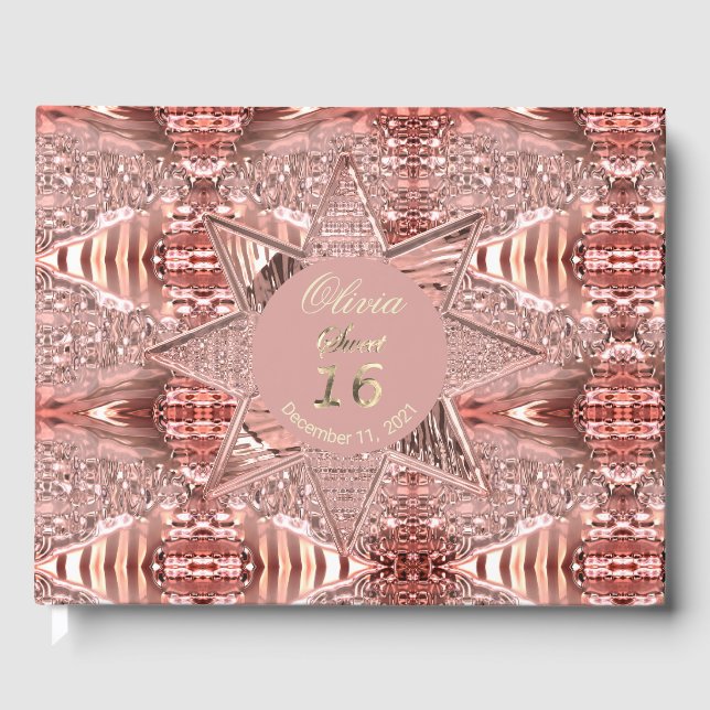 Elegant Pink Rose Gold Star Golden Text Sweet 16 Guest Book (Front)