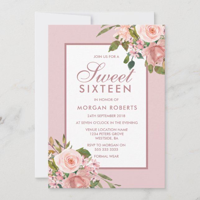 Elegant Pink Rose Gold Sweet 16 Invite (Front)