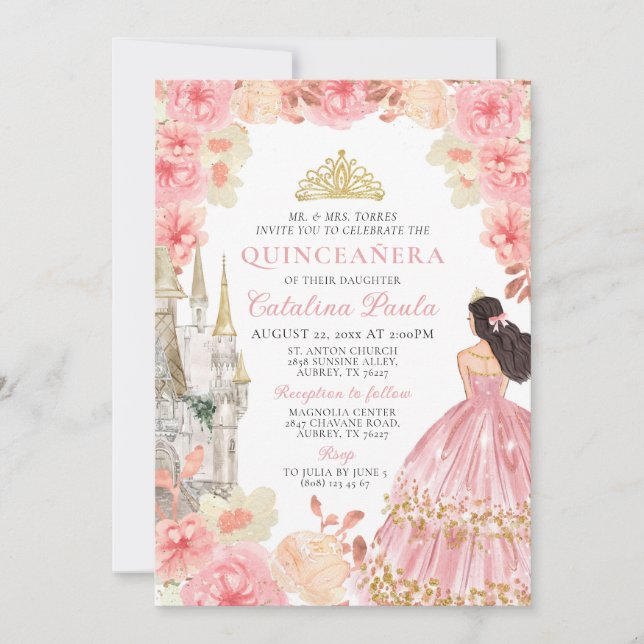 Elegant Pink Rose Gold Tiara Princess Quinceañera Invitation (Front)