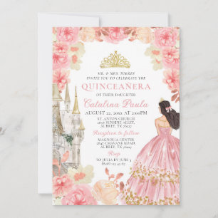 Elegant Pink Rose Gold Tiara Princess Quinceañera Invitation