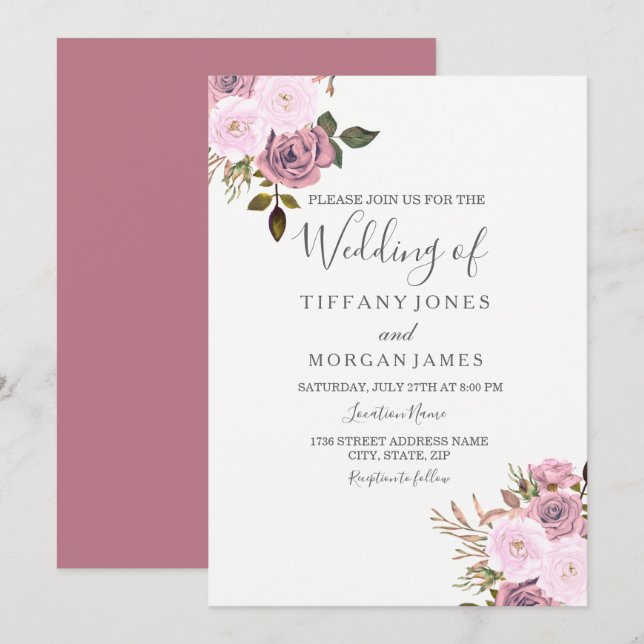 Elegant Pink & Rose Gold Wedding Invitation (Front/Back)