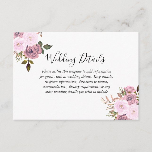 Elegant Pink & Rose Gold Wedding Reception details Enclosure Card (Front)