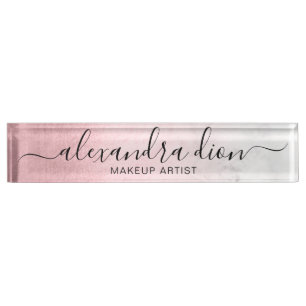Elegant pink rose gold white marble makeup artist nameplate