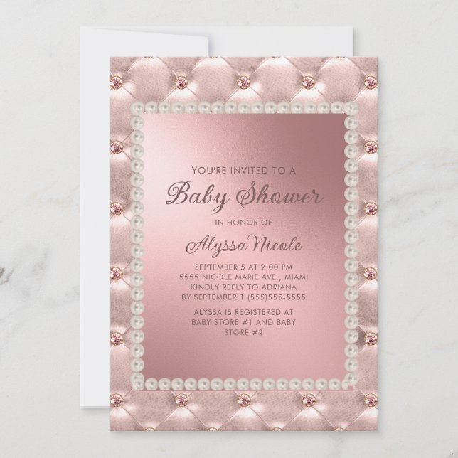 Elegant Pink Rose Gold White Pearls Baby Shower In Invitation (Front)