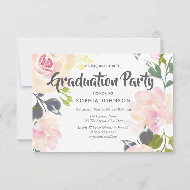Elegant Pink Rose Graduation Party Invite (Front)