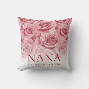 Elegant Pink Rose Grandchilren's Names Floral Nana Cushion
