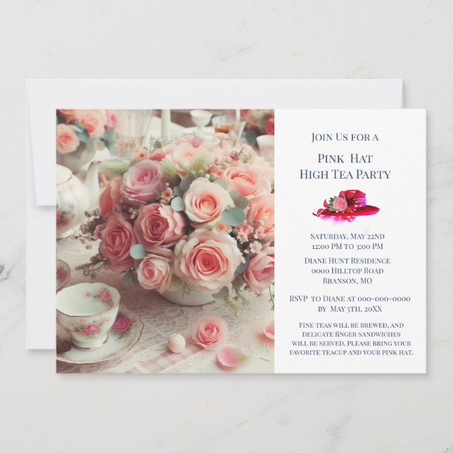 Elegant Pink Rose Hat Theme Tea Party  Invitation (Front)