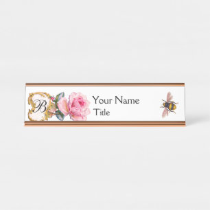 ELEGANT PINK ROSE ,HONEY BEE BEEKEEPER MONOGRAM DESK NAME PLATE