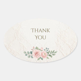 Elegant Pink Rose Ivory Thank You Oval Sticker