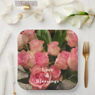 Elegant Pink Rose Love and Blessings Paper Plate