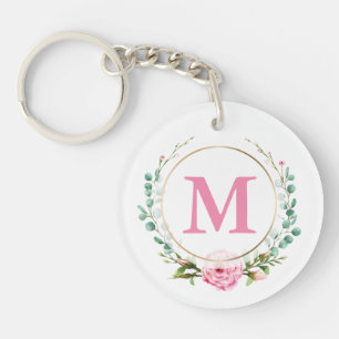 Elegant Pink Rose Monogram Floral Wreath Acrylic Key Ring