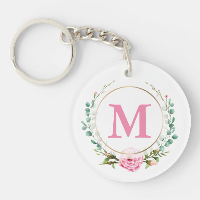 Elegant Pink Rose Monogram Floral Wreath Acrylic Key Ring (Front)
