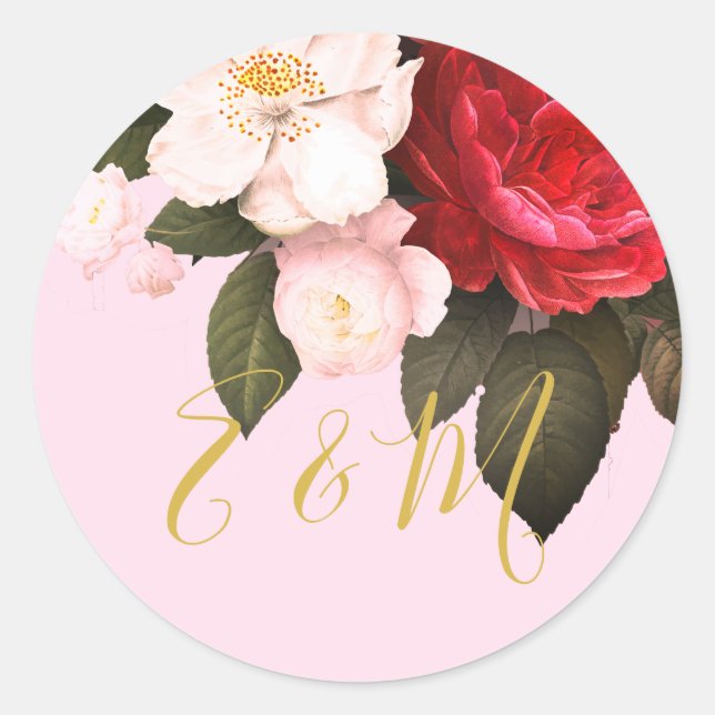 Elegant Pink Rose Monogram Wedding   Classic Round Sticker (Front)