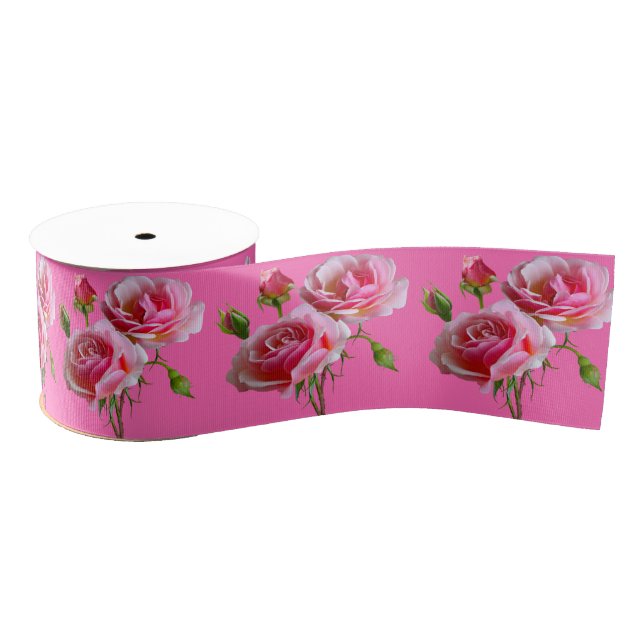 Elegant Pink Rose on Pink Grosgrain Ribbon (Spool)