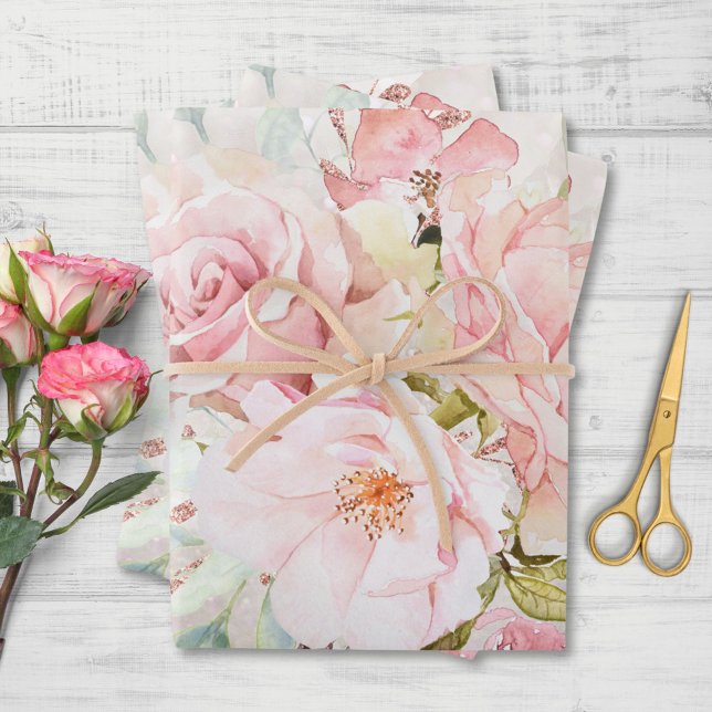  Elegant Pink Rose Peony Floral Marble Glitter Wrapping Paper Sheet (In situ)