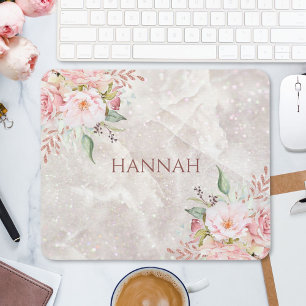 Elegant Pink Rose Peony Floral Marble Mouse Mat