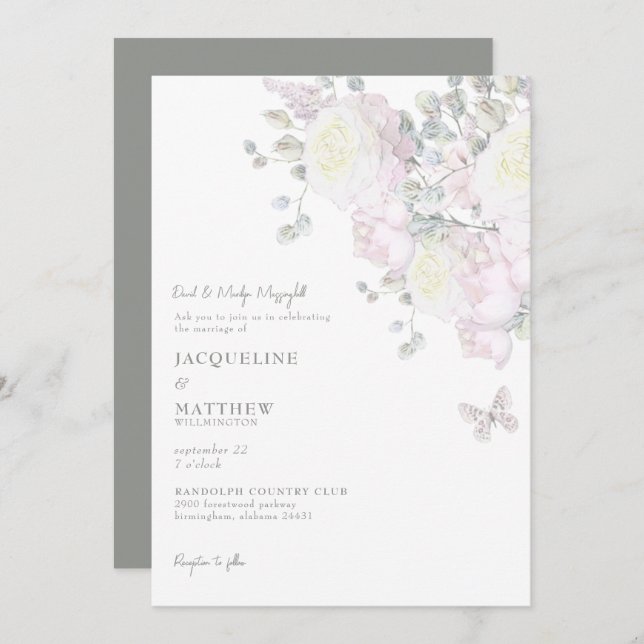 Elegant Pink Rose & Peony Sage Wedding Invitation (Front/Back)