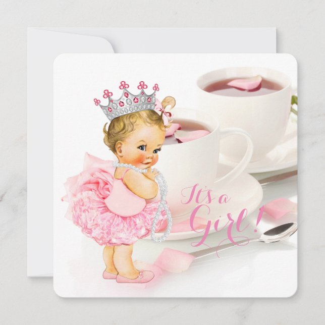 Elegant Pink Rose Petal Tea Cup Baby Shower Tea Invitation (Front)