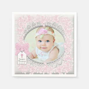 Elegant Pink Rose Photo Christening Napkin