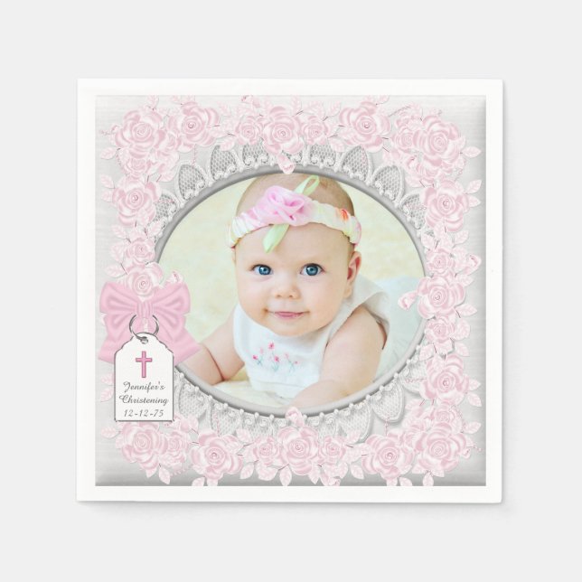 Elegant Pink Rose Photo Christening Napkin (Front)