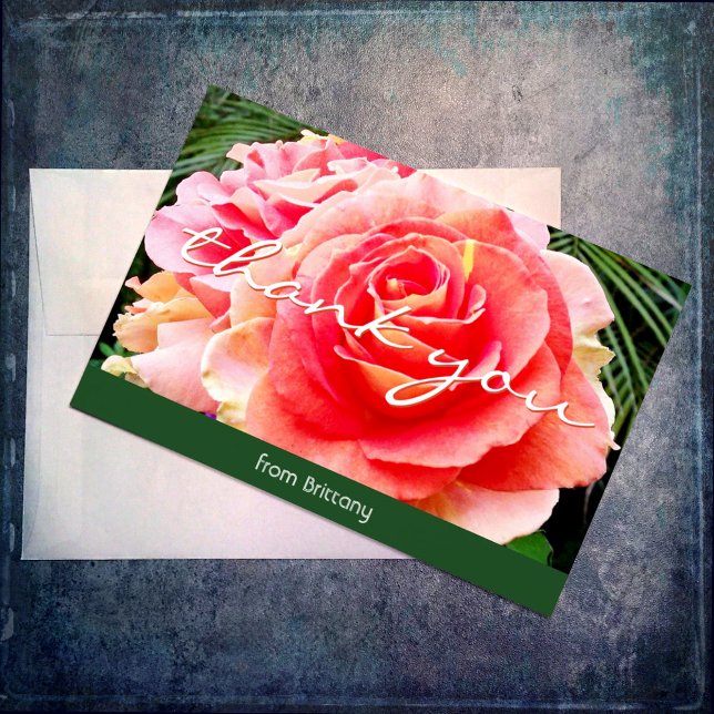 Elegant pink rose photo modern calligraphy custom thank you card (Creator Uploaded)