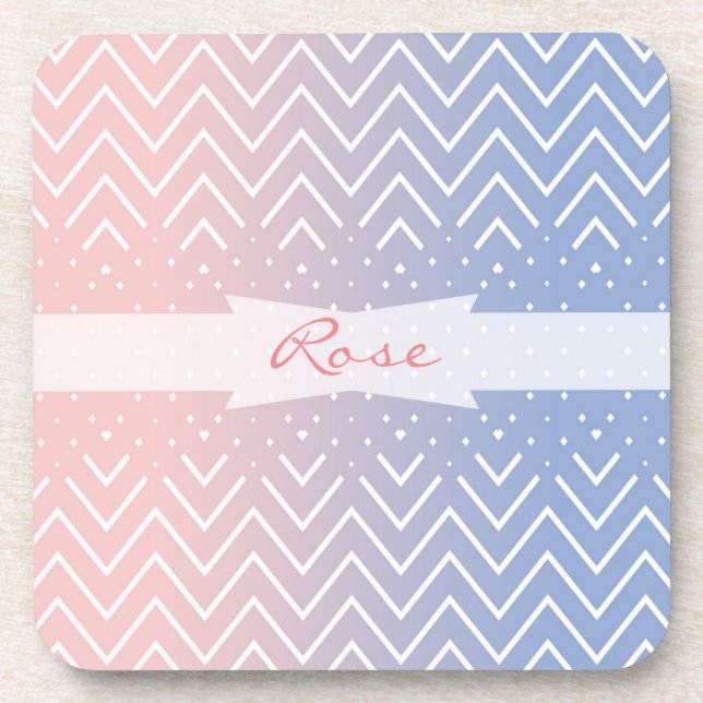 Elegant Pink rose quartz Blue pastel Chevron Name Coaster (Front)
