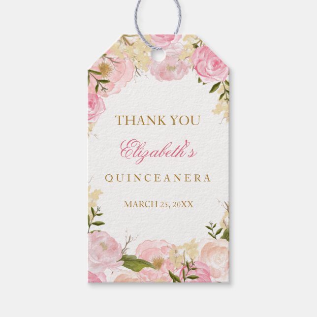 Elegant Pink Rose Quinceanera Favour Tags (Front)