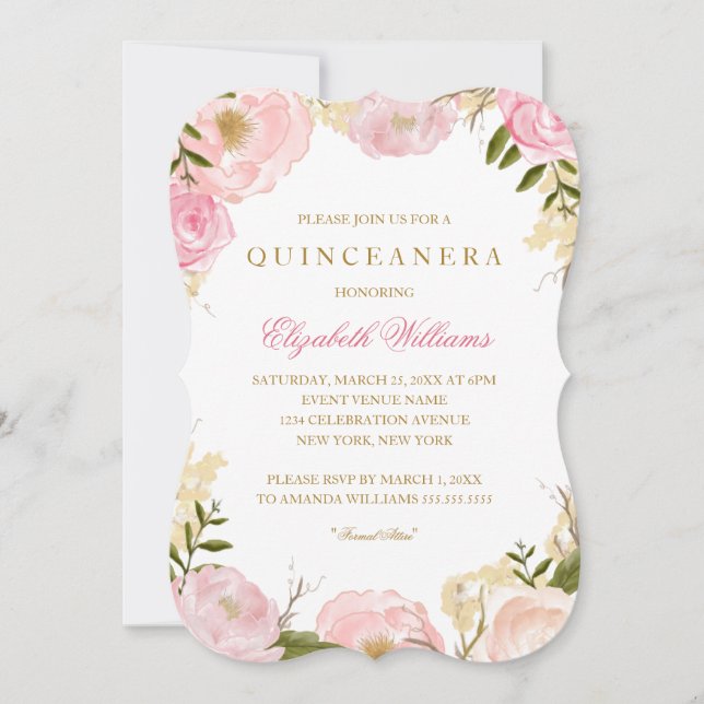 Elegant Pink Rose Quinceanera Invite (Front)