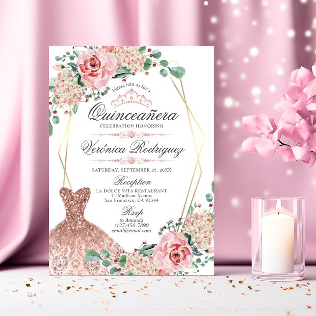 Elegant Pink Rose Quinceañera Quince Crown Tiara Invitation (Elegant Pink Rose Quinceañera Quince Crown Tiara Invitation)