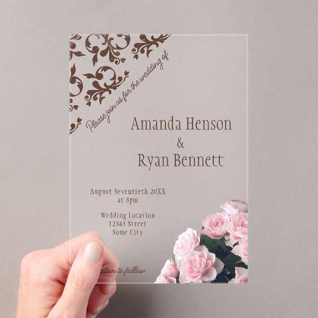 Elegant Pink Rose Roccoco Pattern Wedding Acrylic Invitations (Insitu (Handheld))
