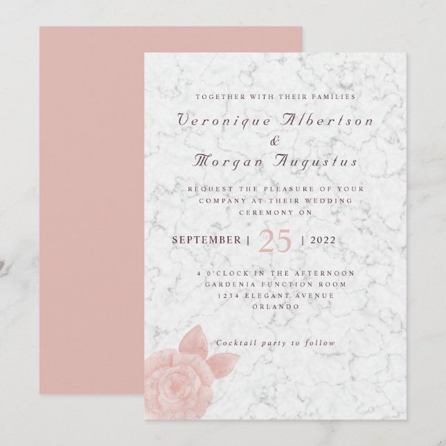 Elegant pink rose script marble wedding invitation (Front/Back)
