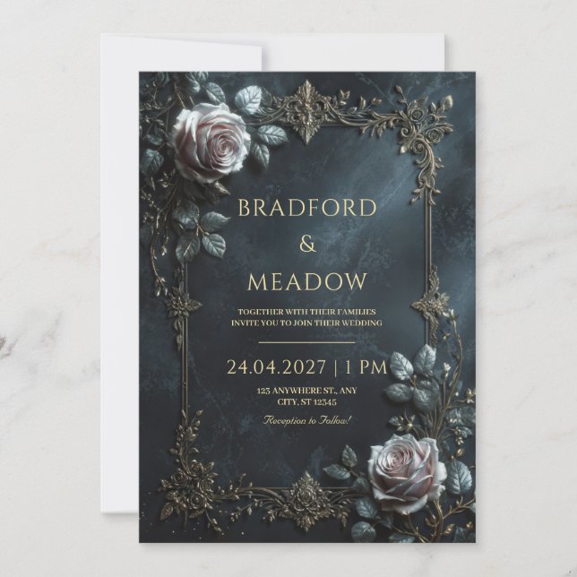 Elegant Pink Rose Silver Leaf Frame Wedding Invitation (Front)