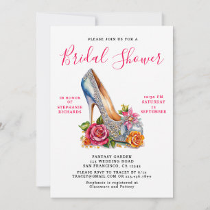 Elegant Pink Rose Silver Shoe Bridal Shower Invitation
