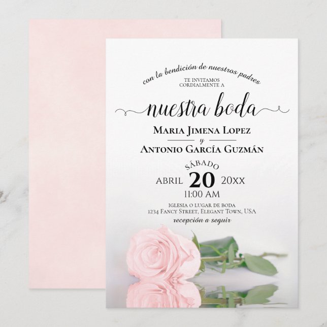 Elegant Pink Rose Spanish Nuestra Boda Wedding Invitation (Front/Back)