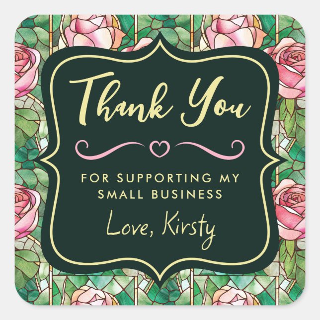 Elegant Pink Rose Stained Glass Small Business Square Sticker (Front)