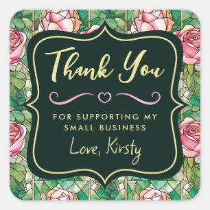 Elegant Pink Rose Stained Glass Small Business Square Sticker