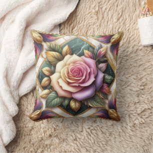 Elegant Pink Rose Surrounded by Colourful Leaves Cushion