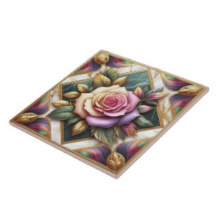Elegant Pink Rose Surrounded by Colourful Leaves Tile