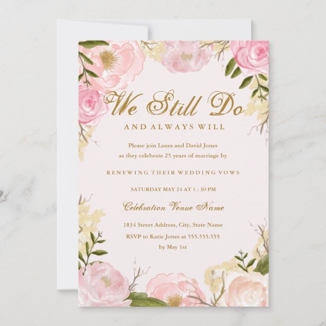 Elegant Pink Rose Vow Renewal Anniversary Invitation (Front)